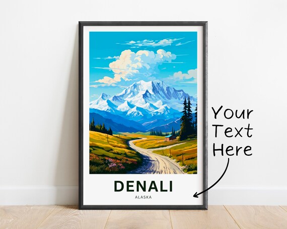 Denali Alaska Snowy Peak Meadow Vintage Travel Poster Personalized Gift