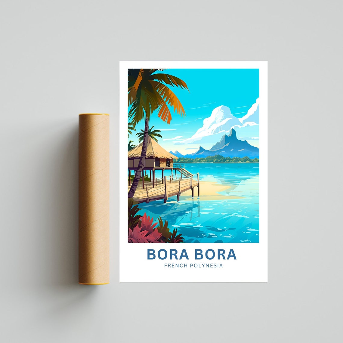 Bora Bora Overwater Bungalow Turquoise Lagoon Mountain Travel Poster - Image 4