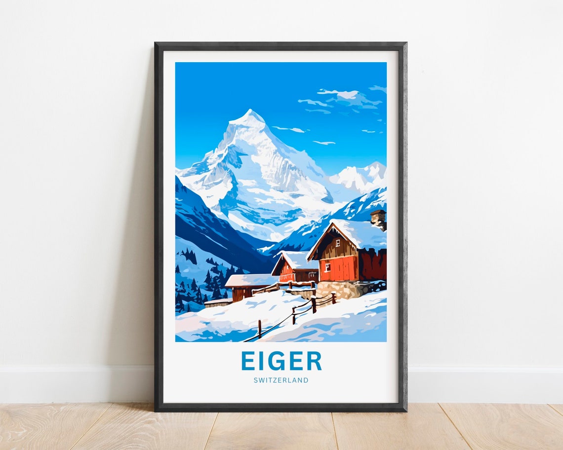 Eiger Switzerland Red Chalets Beneath Snow Covered Peak Poster
