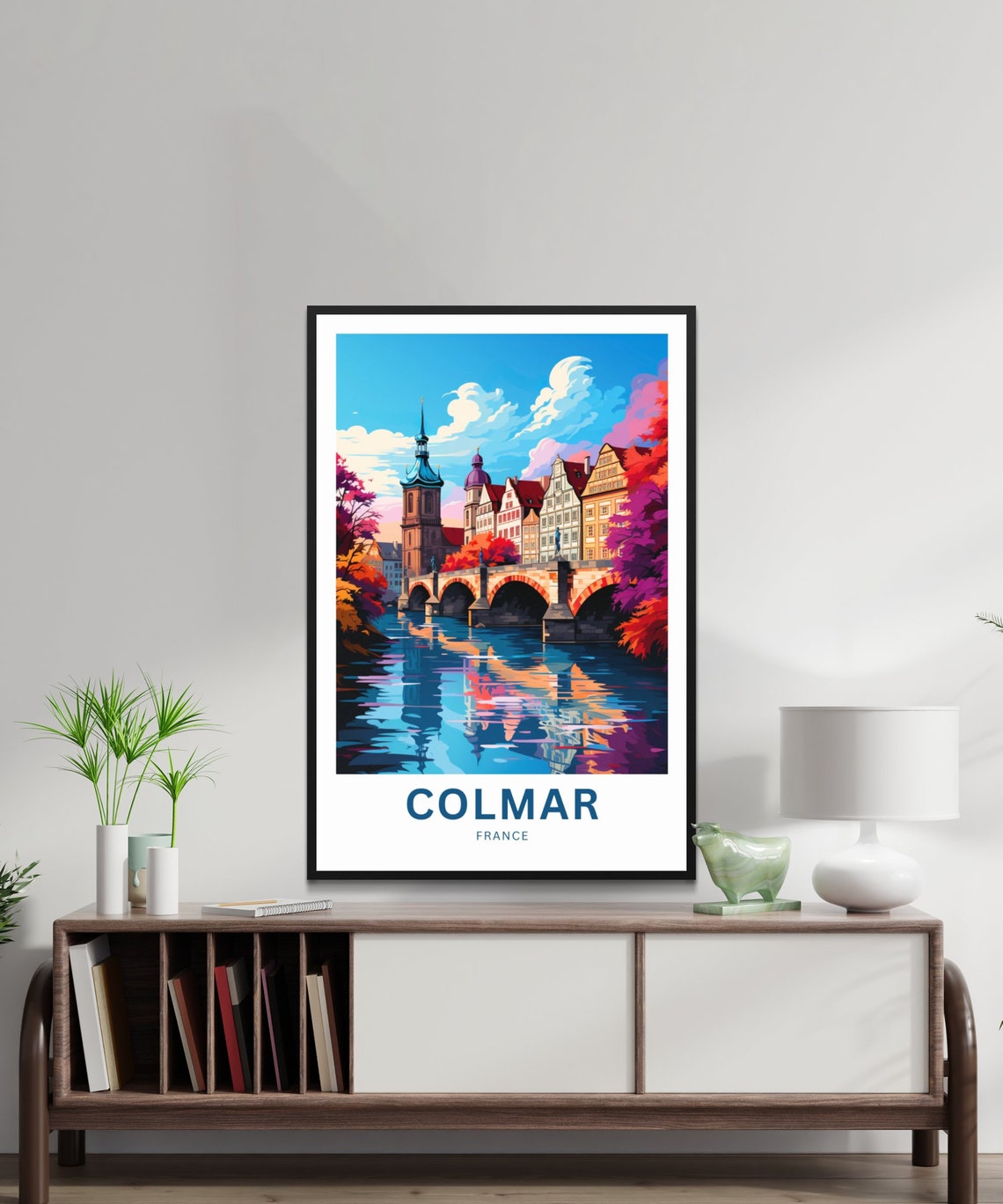 Colmar France Colorful Old Town Bridge River Reflection Travel Poster - Image 2