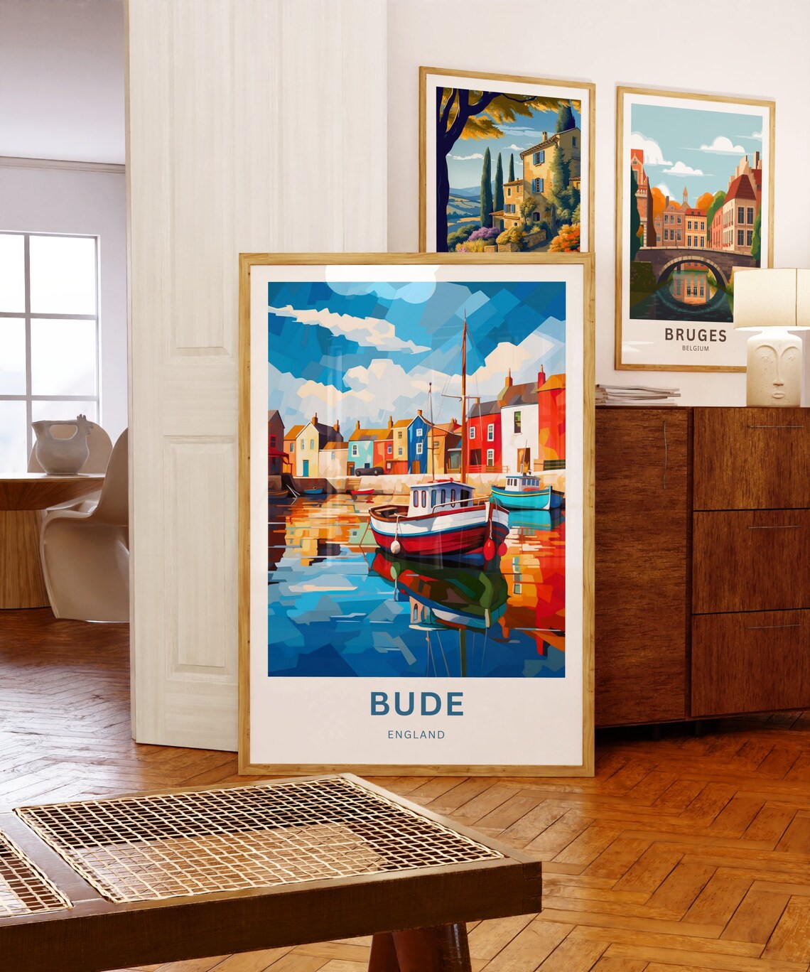 Bude England Colorful Harbor Geometric Boat Art Travel Poster - Image 5