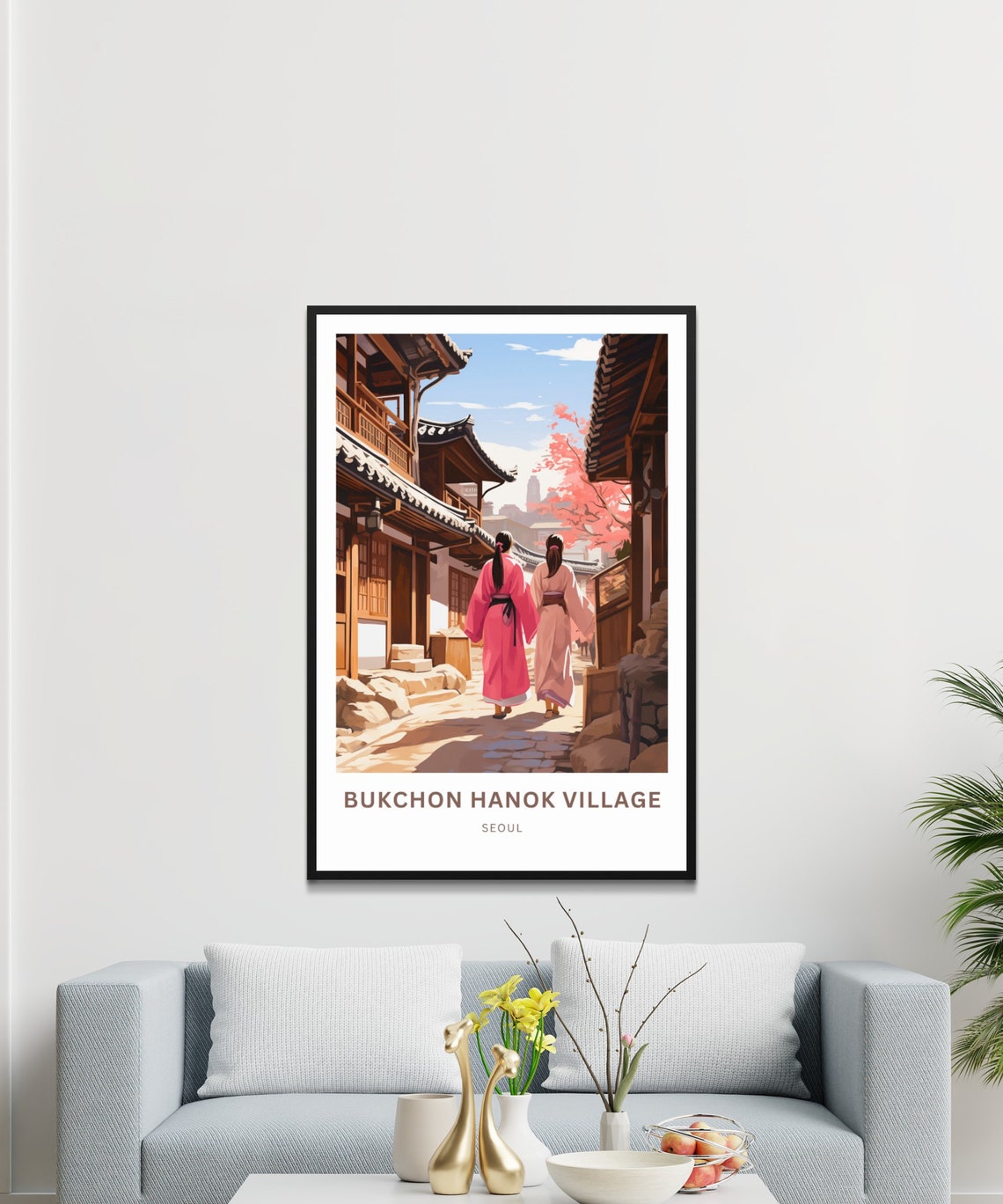 Personalized Bukchon Hanok Village Seoul Hanbok Walk Scene Poster - Image 3