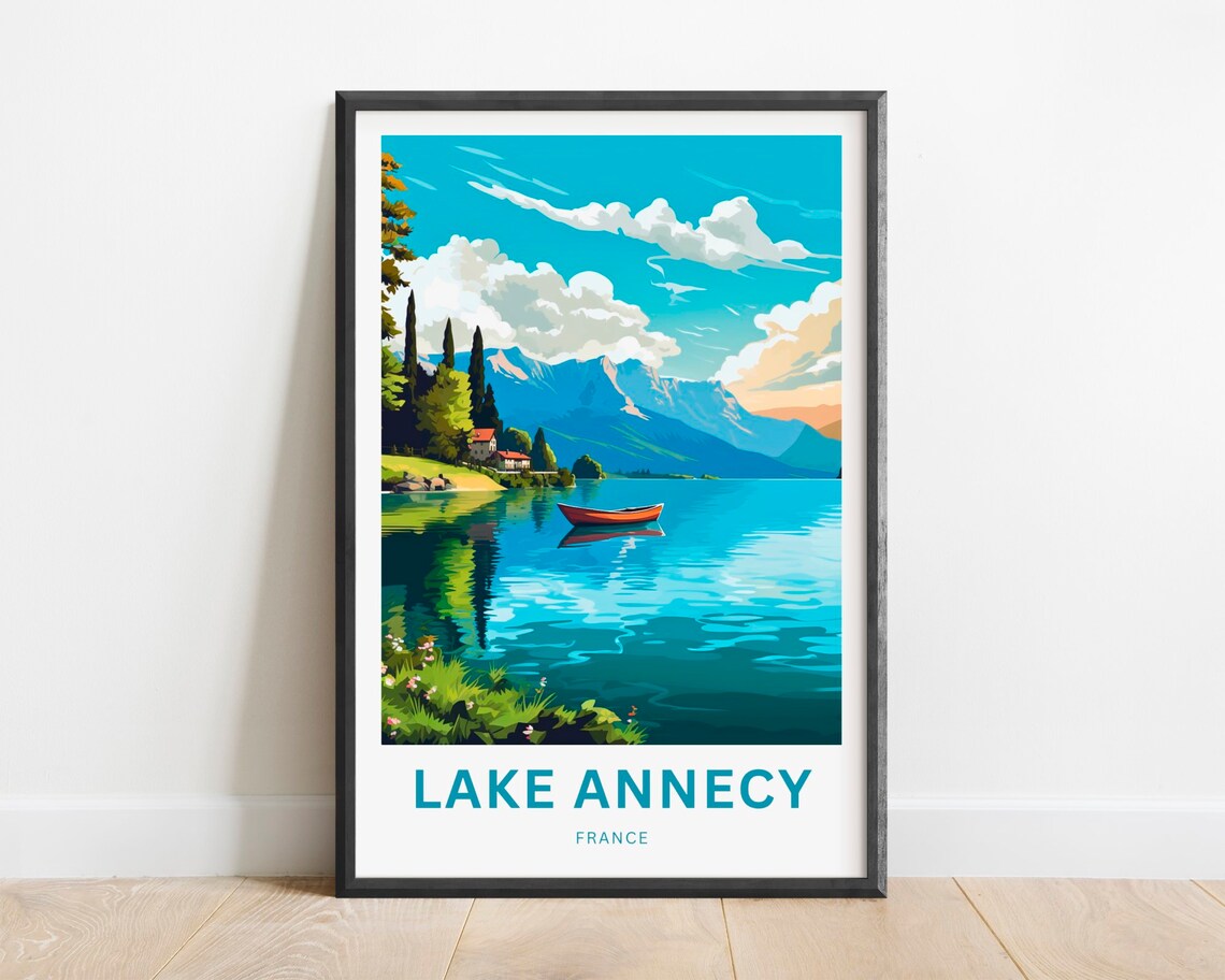 Lake Annecy France Red Rowboat on a Turquoise Alpine Lake Poster