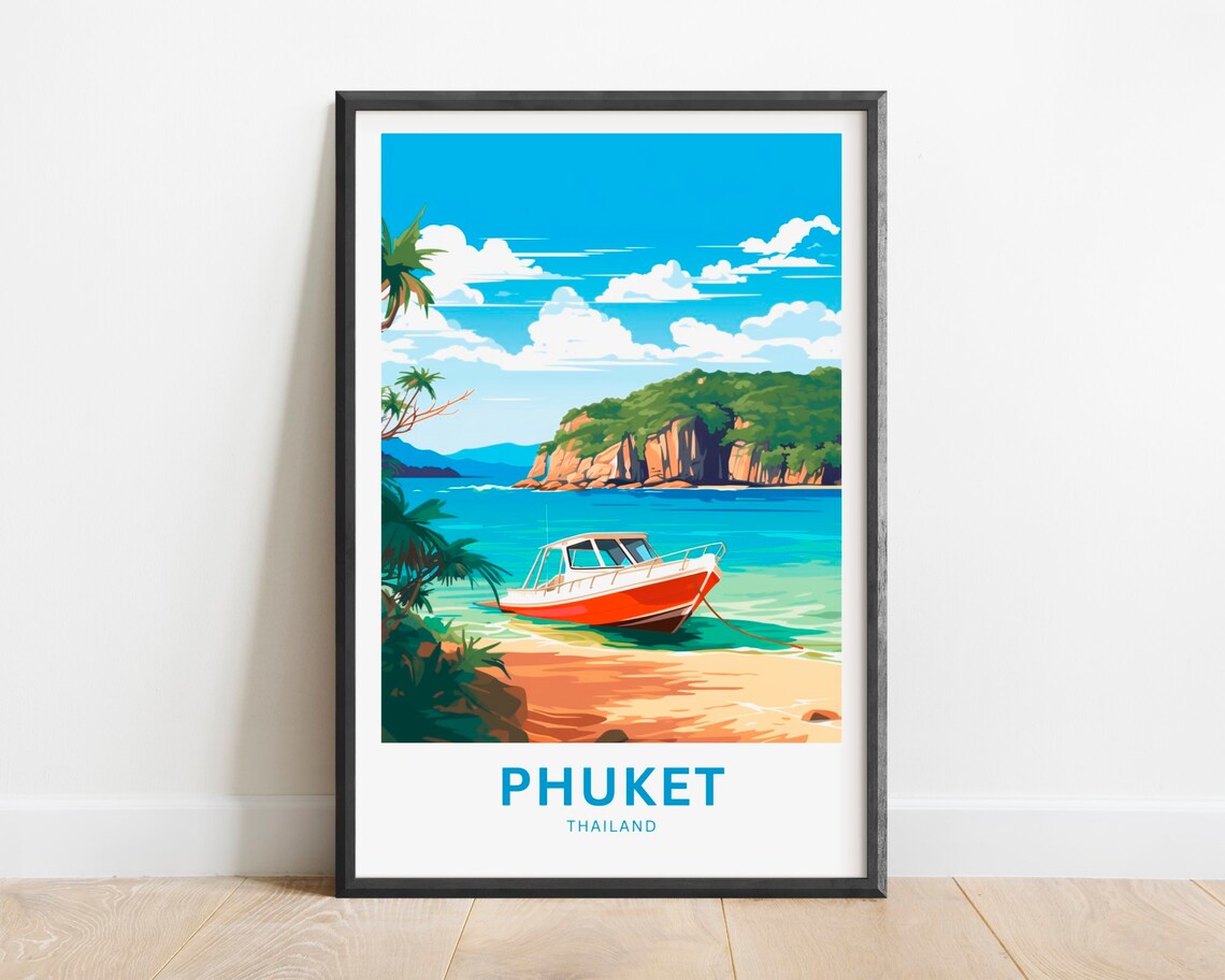 Phuket Thailand Travel Poster Orange Boat Anchored Tropical Bay Art
