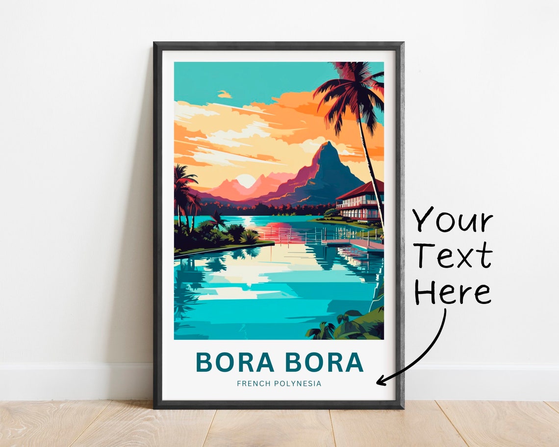 Personalized Bora Bora Custom Text Lagoon Sunset Mountain Scene Poster