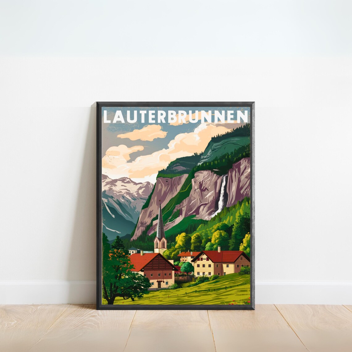 Lauterbrunnen Switzerland Vintage Valley Waterfall Travel Poster