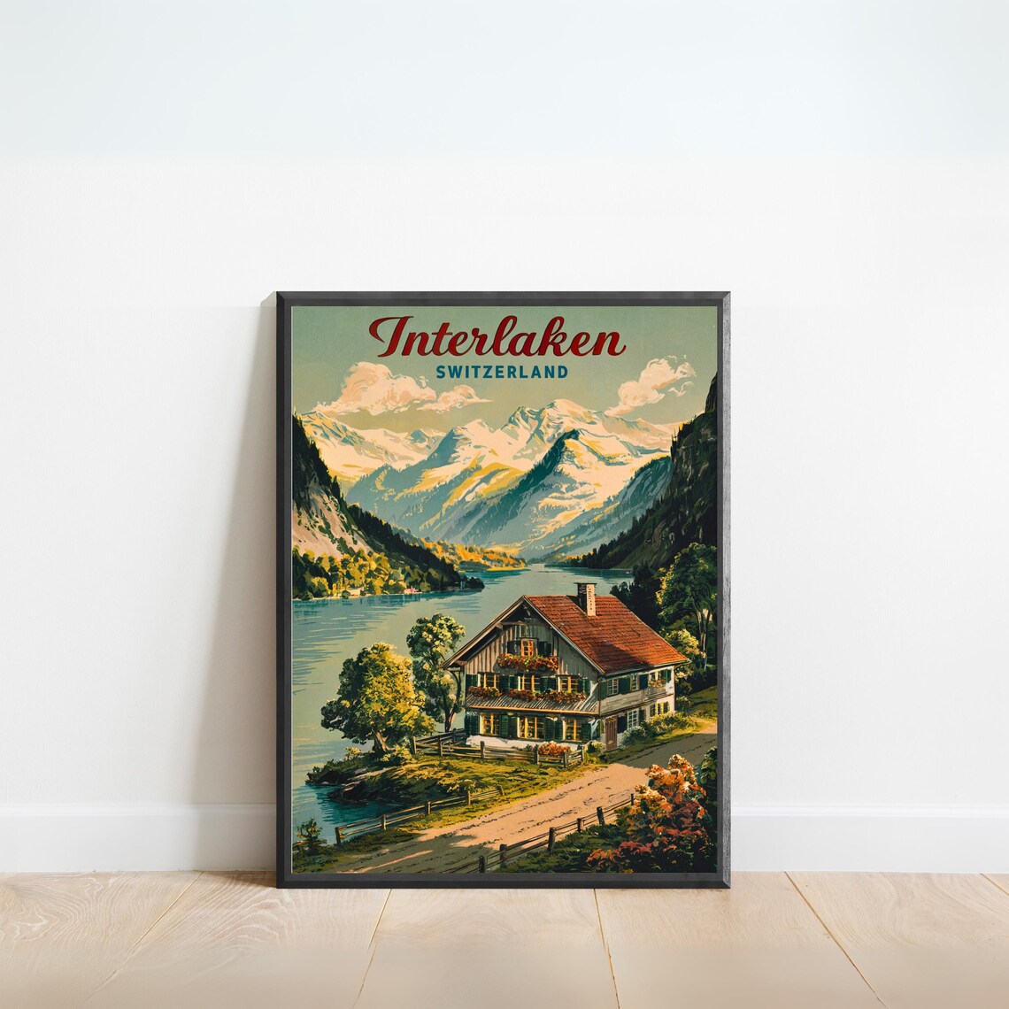 Interlaken Switzerland Lakeside Cottage Vintage Travel Poster Scene
