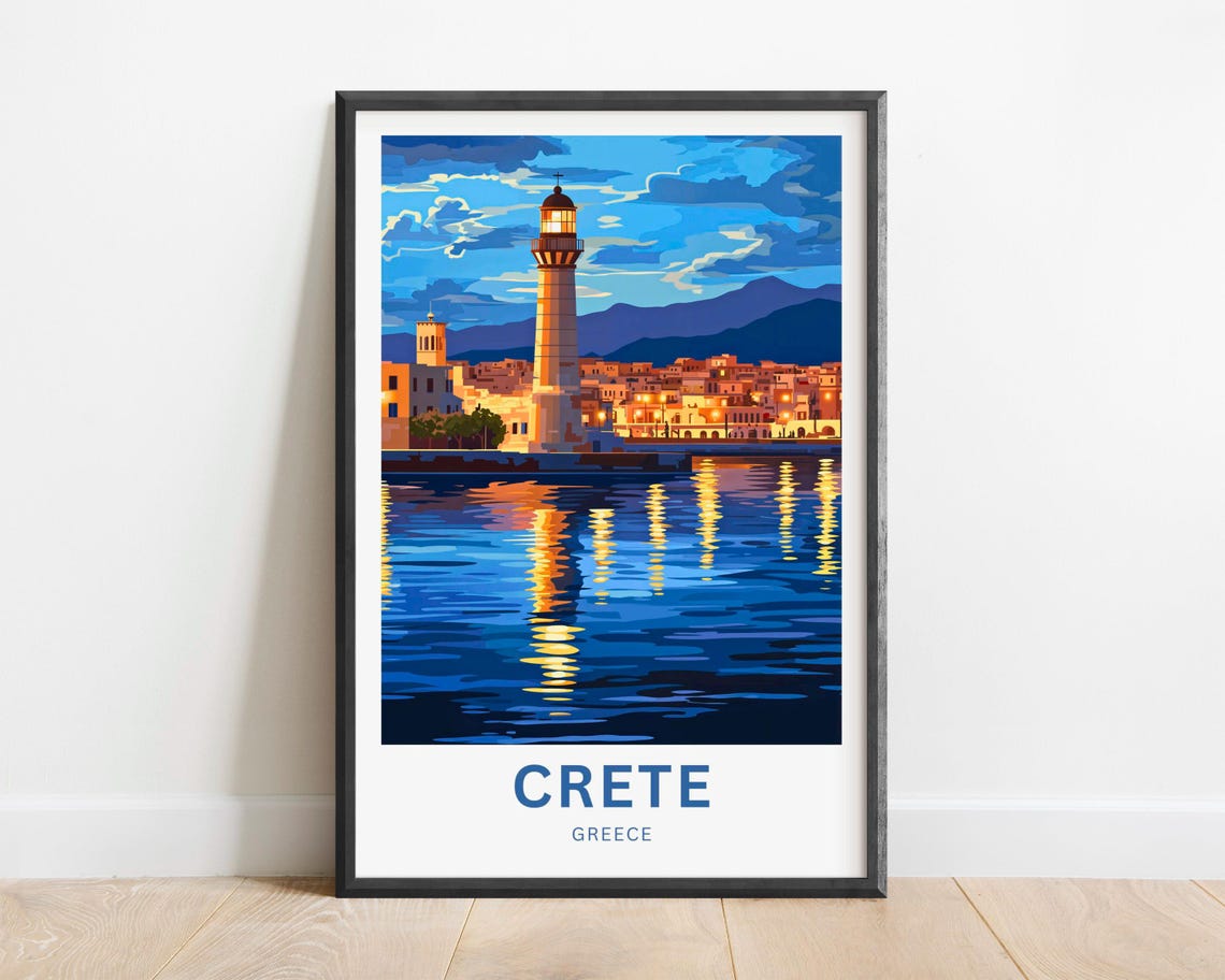Crete Greece Harbor Lighthouse Golden Evening Water Serene Poster