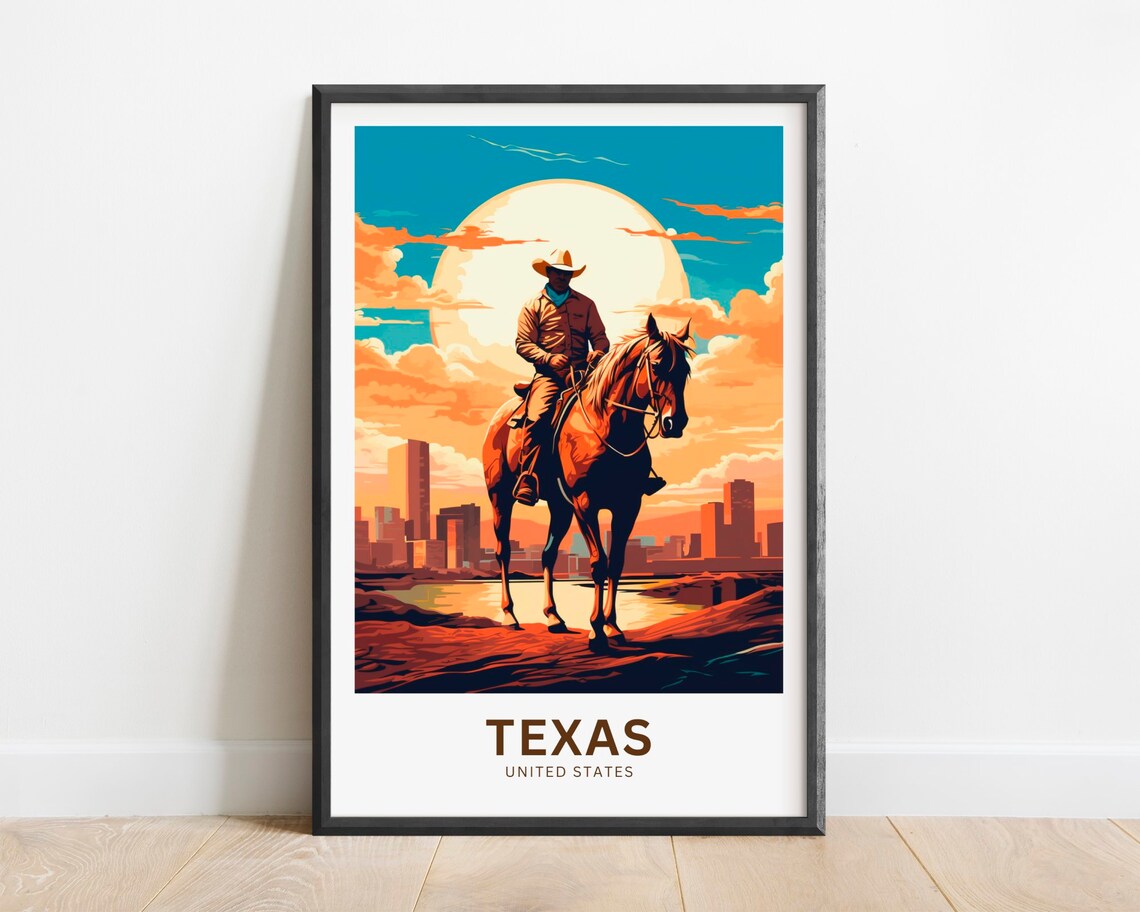 Texas Cowboy Horseback City Skyline Sunset Vintage Travel Poster