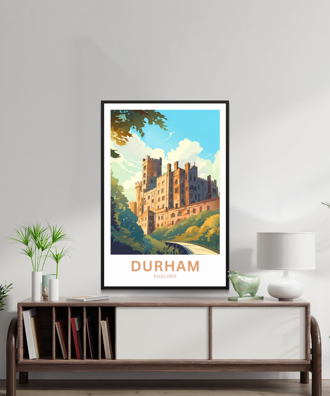 Durham England Historic Castle Above Green Woodland Retro Poster - Image 2
