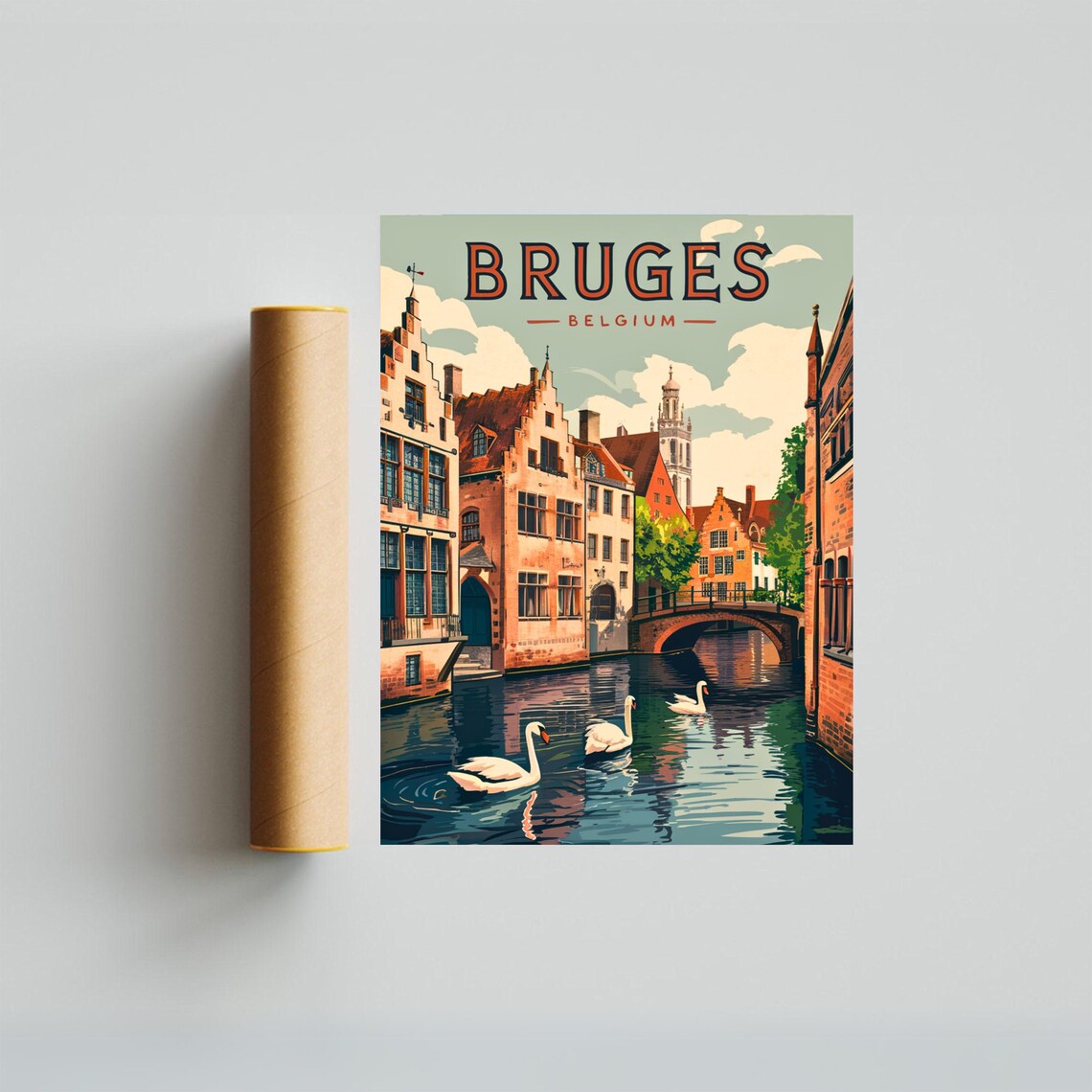 Bruges Belgium Canal Swans Historic Bridge Vintage Travel Poster - Image 4