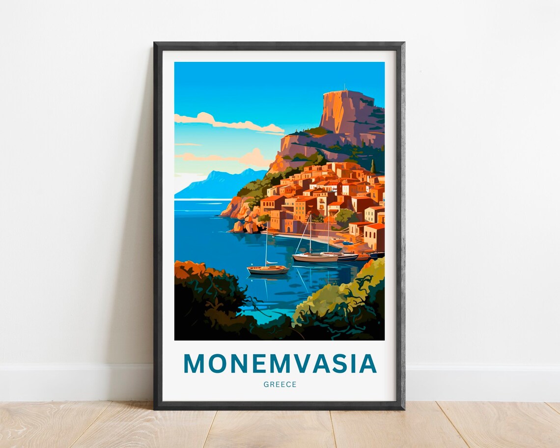 Monemvasia Greece Rock Fortress Vintage Travel Poster Boats Gift