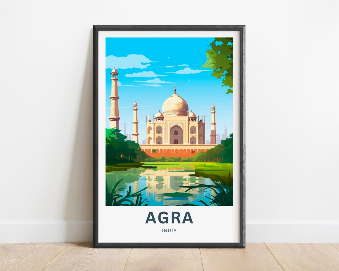 Taj Mahal Agra India Riverside Gardens Retro Style Travel Poster