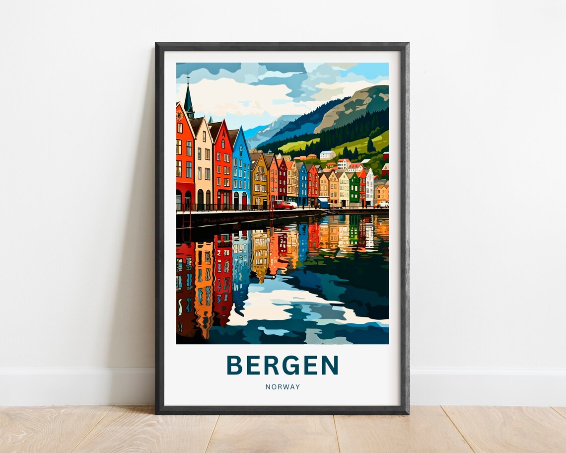 Bergen Norway Bryggen Wharf Harbor Reflections Colorful Travel Poster