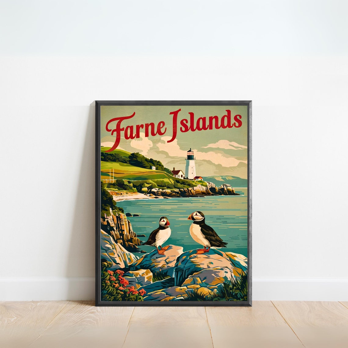 Farne Islands Vintage Lighthouse Seabirds Retro Travel Poster