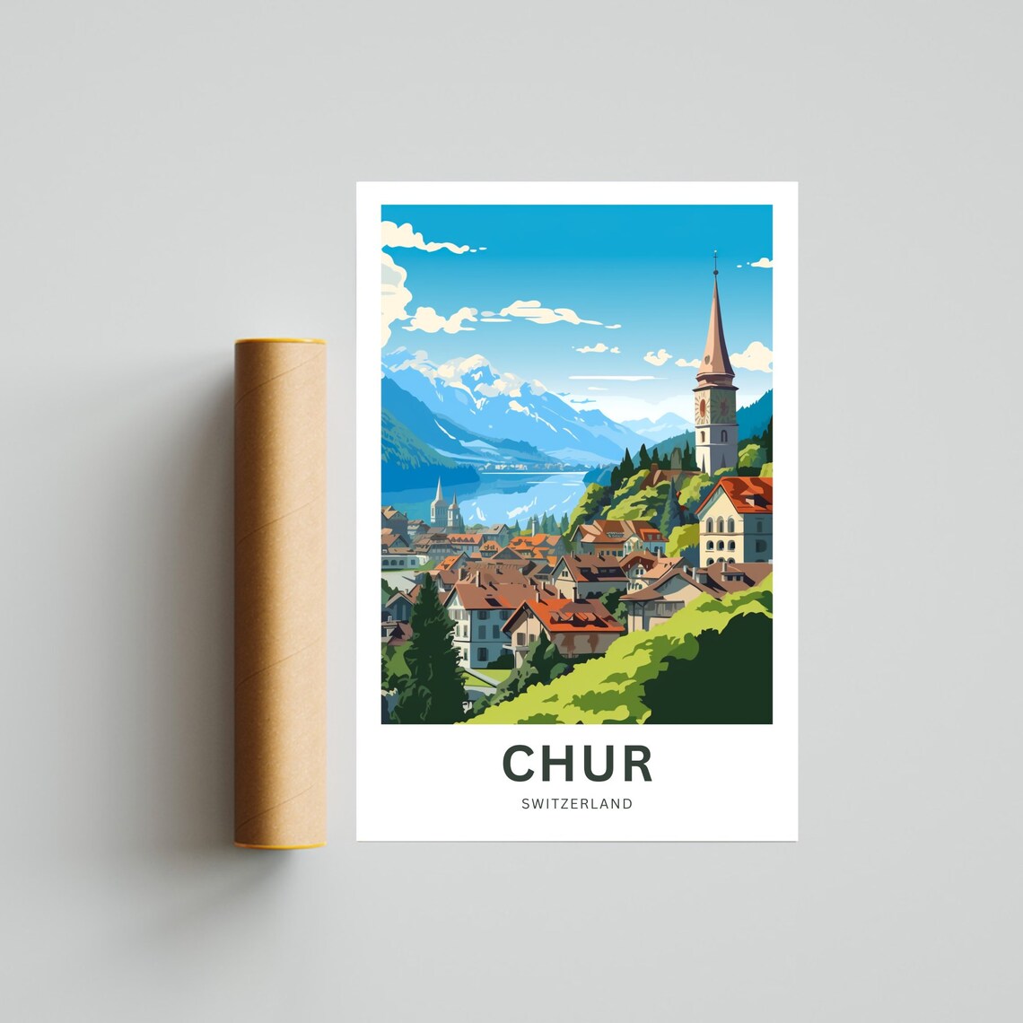Chur Switzerland Old Town Alpine Church Tower Lake View Poster - Image 4