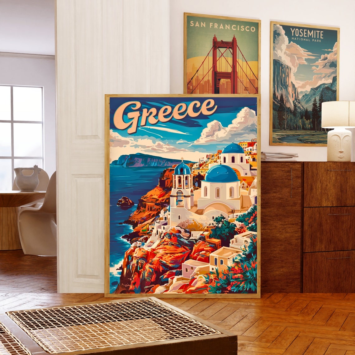 Greece Santorini Blue Domed Churches Cliffs Vintage Travel Poster - Image 5