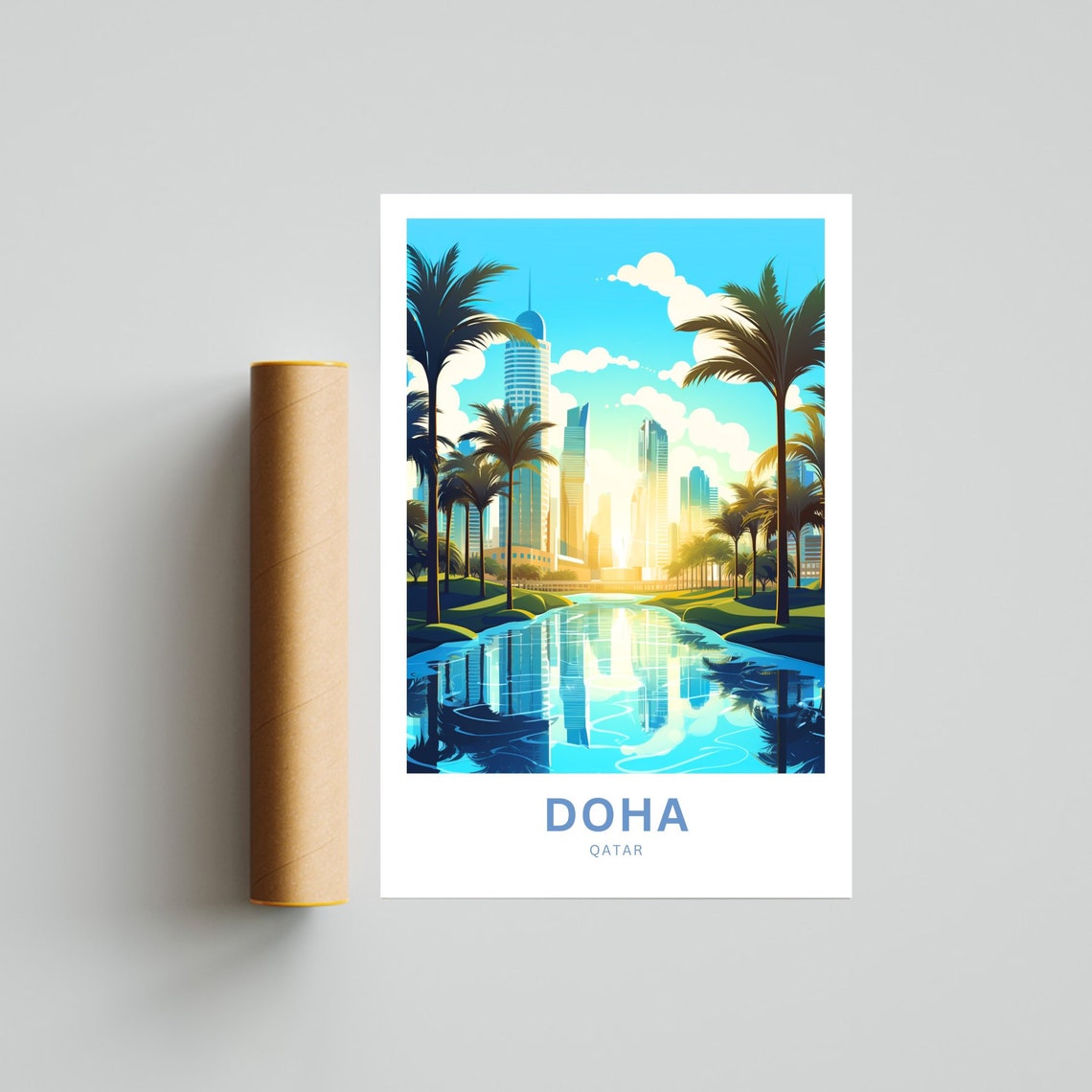 Modern Doha Qatar Skyline Palm Trees Waterfront Travel Poster - Image 4