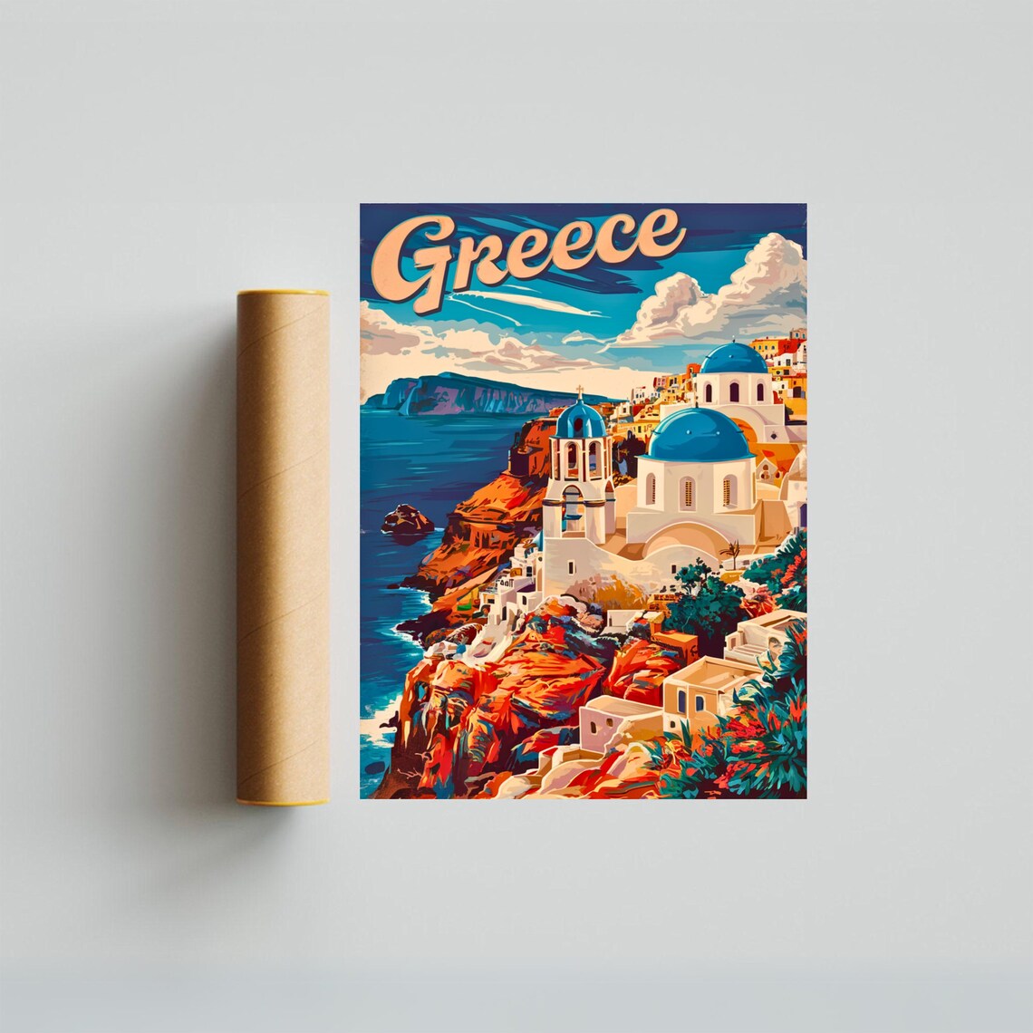 Greece Santorini Blue Domed Churches Cliffs Vintage Travel Poster - Image 3