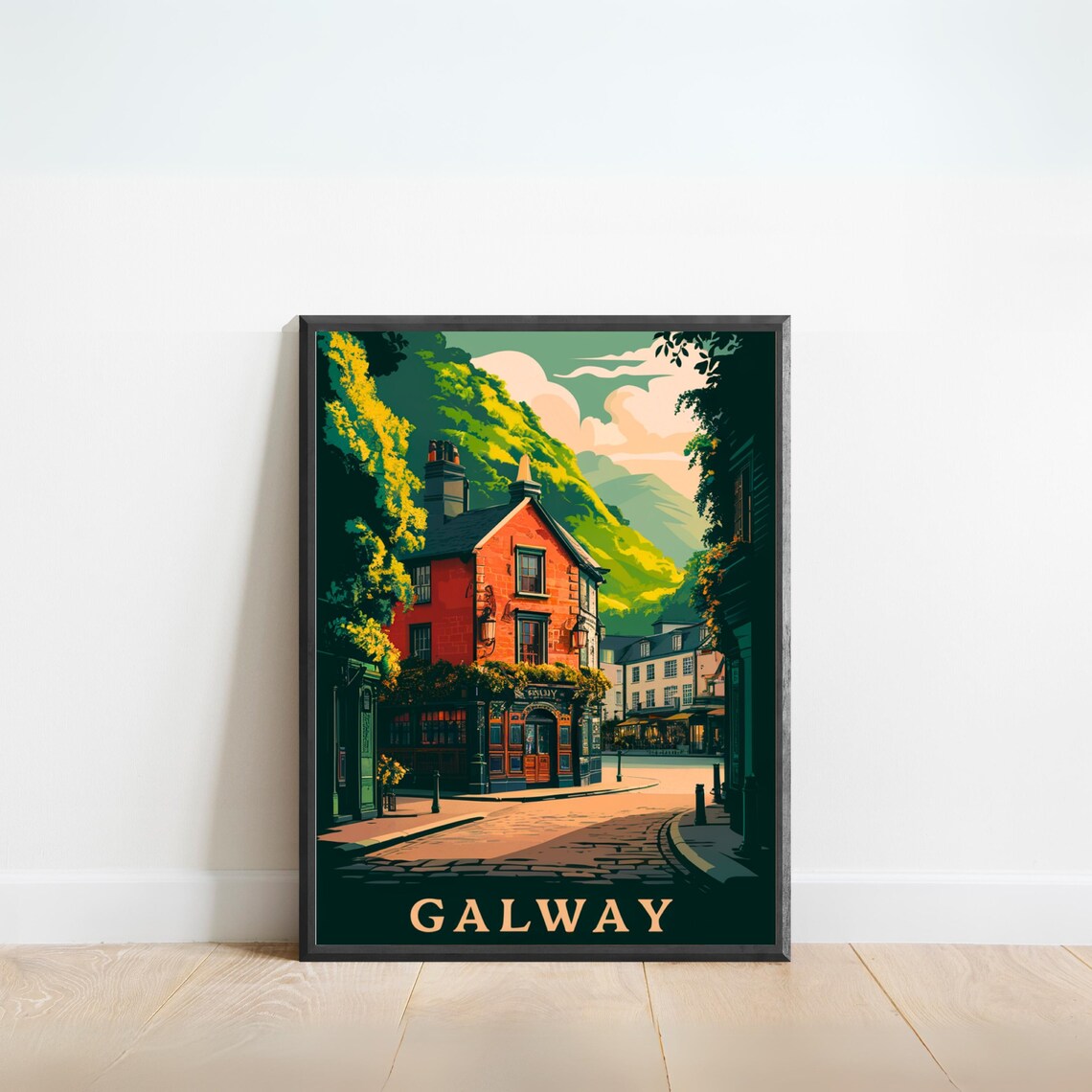 Galway Ireland Vintage Pub Cobbled Street Hillside Town Travel Poster
