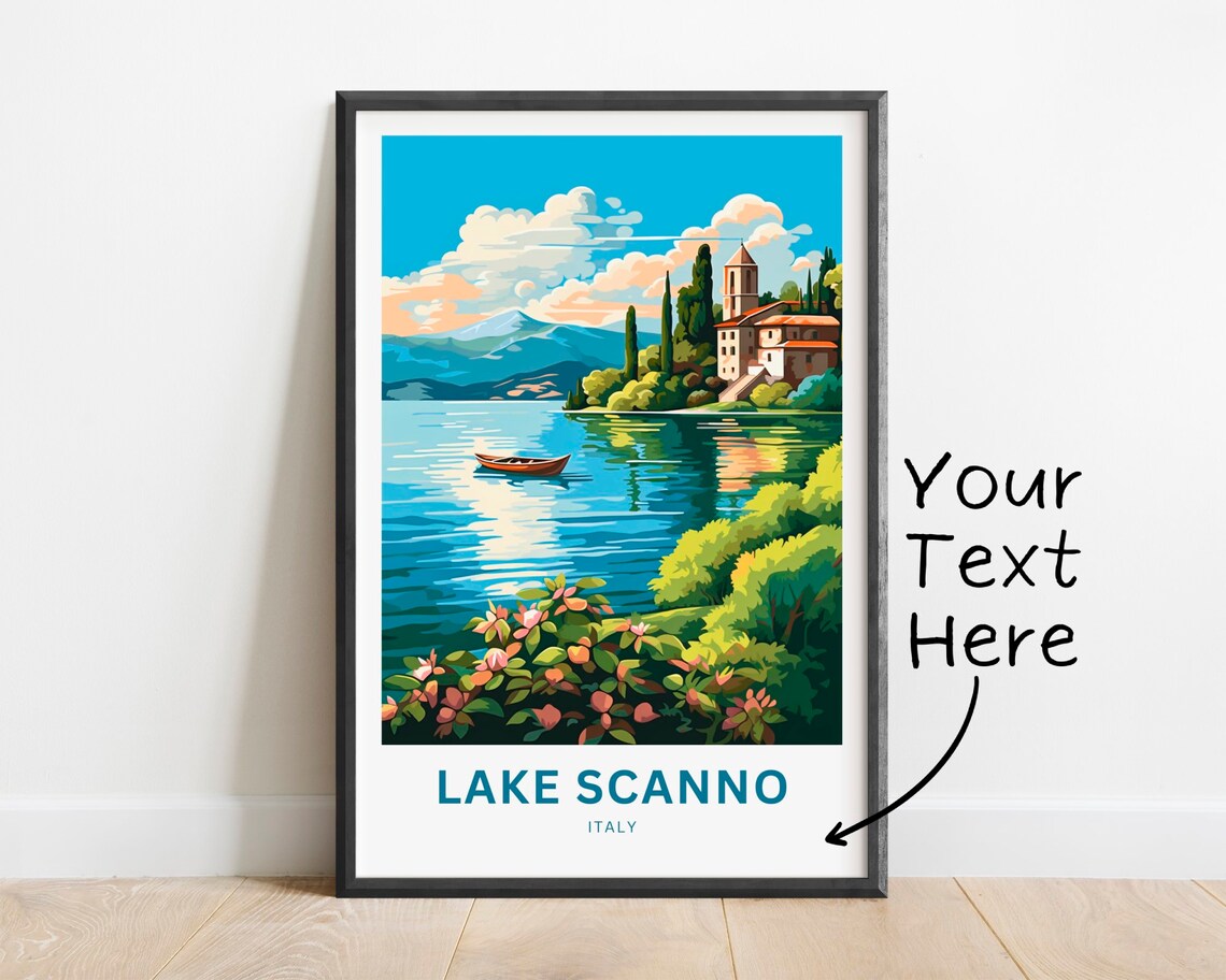 Lake Scanno Blue Water Lakeside Chapel Village Italy Travel Poster