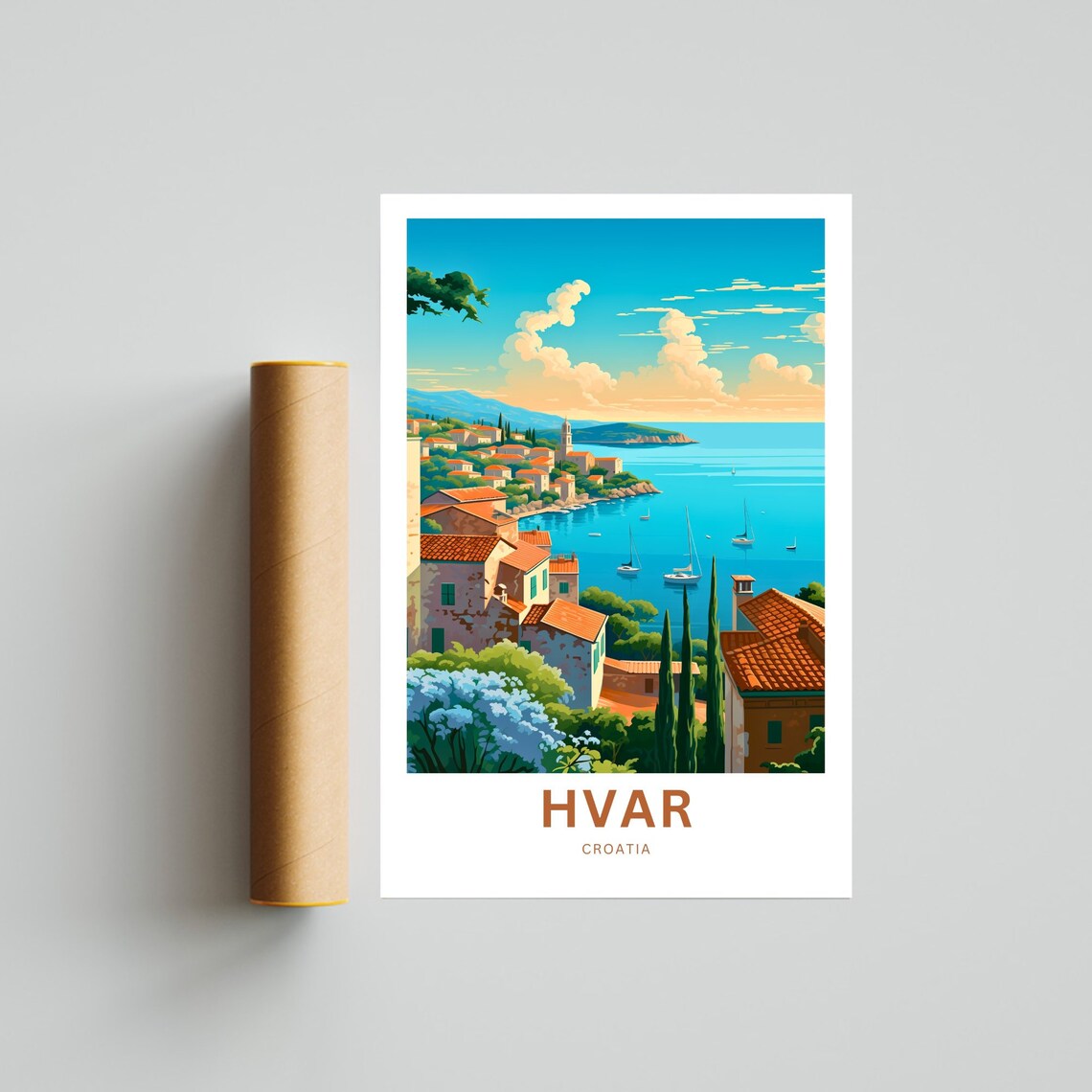 Personalized Hvar Croatia Bay Sailboats Red Roof Travel Poster - Image 4