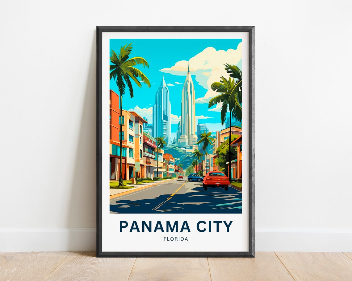 Panama City Florida Sunny Street with Palms and Skyscrapers Poster
