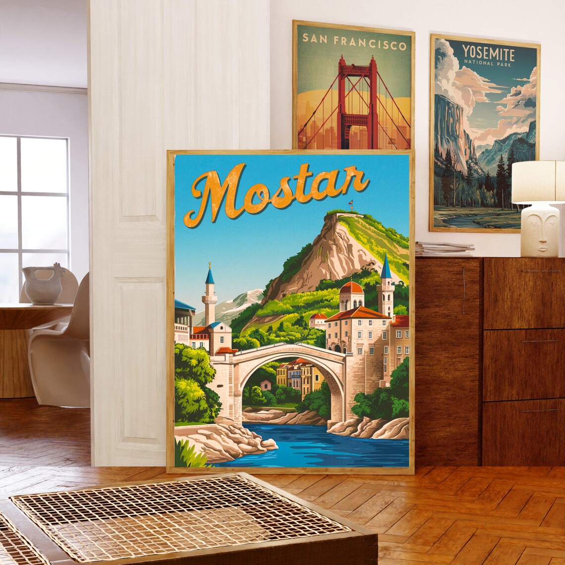 Mostar Bosnia Stone Bridge Mosque Riverside Vintage Art Travel Poster - Image 5