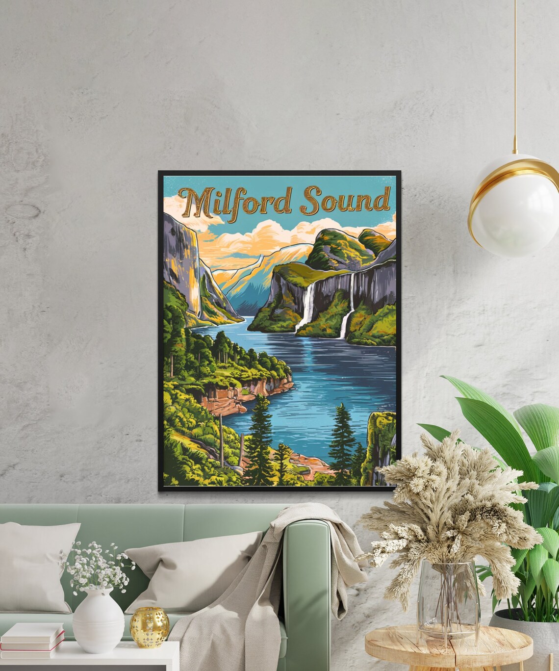Milford Sound New Zealand Fjord Waterfall Teal Vintage Travel Poster - Image 2
