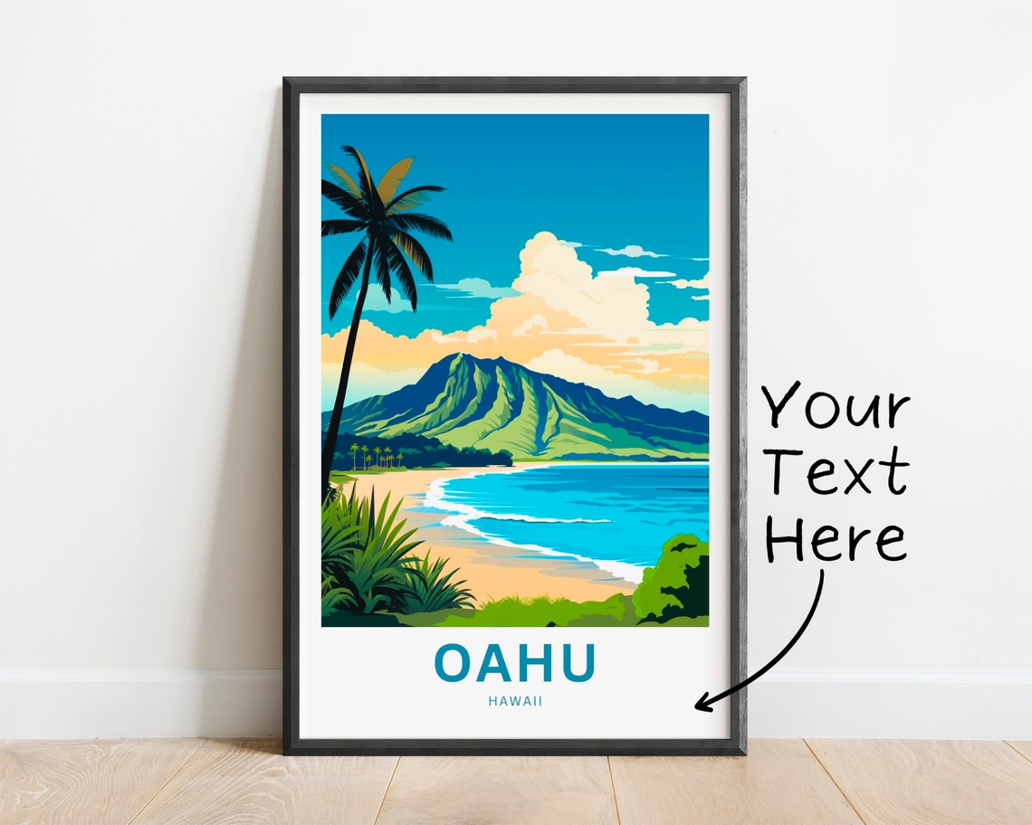Personalized Oahu Hawaii Palm Silhouette Bay Beach View Poster