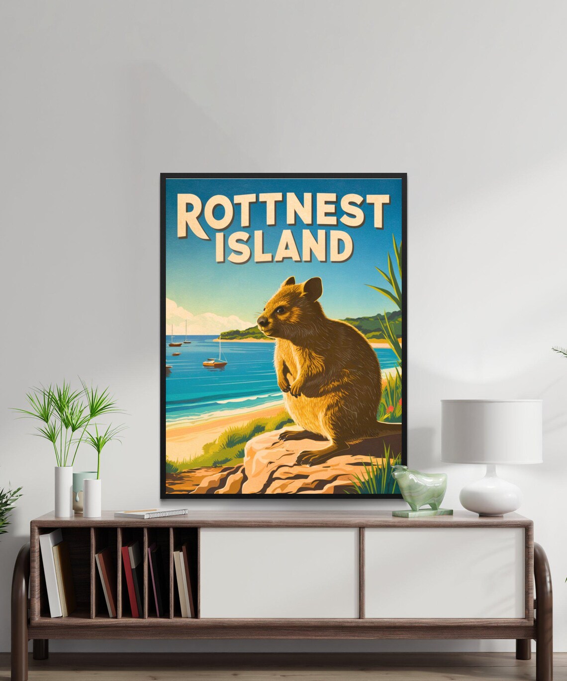 Rottnest Island Quokka on Rock Beach Sailboats Vintage Travel Poster - Image 3