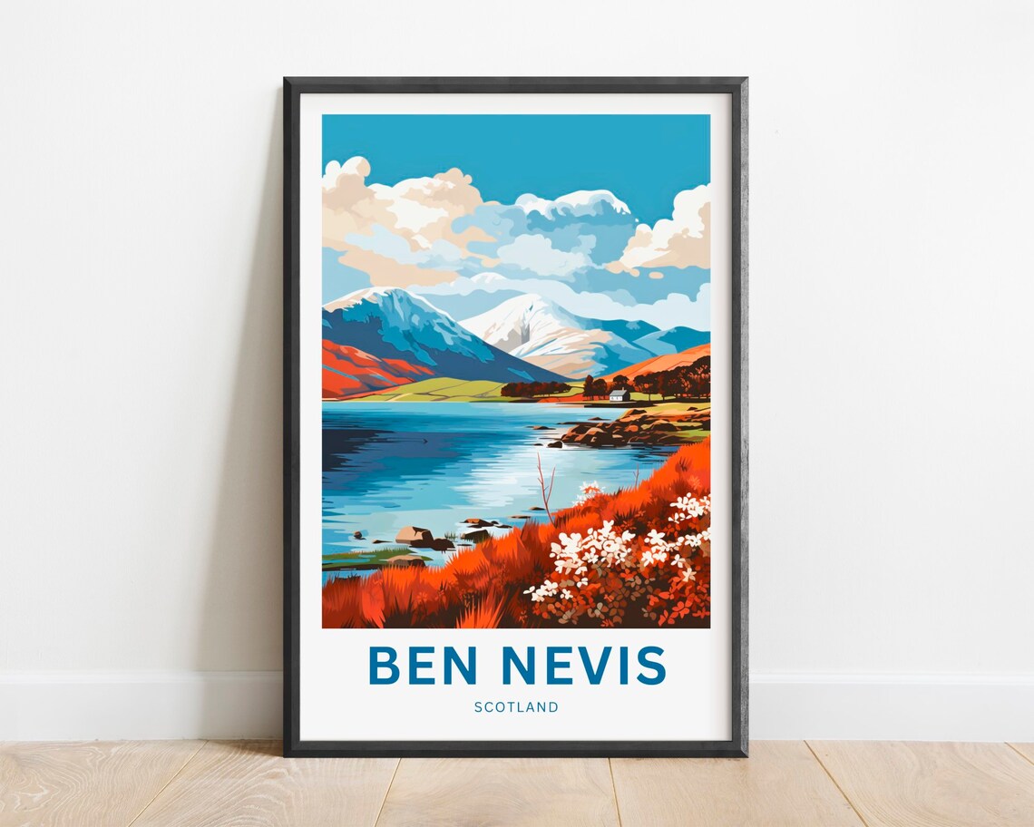Ben Nevis Scotland Snowy Peaks Over Autumn Lakeshore Scene Poster