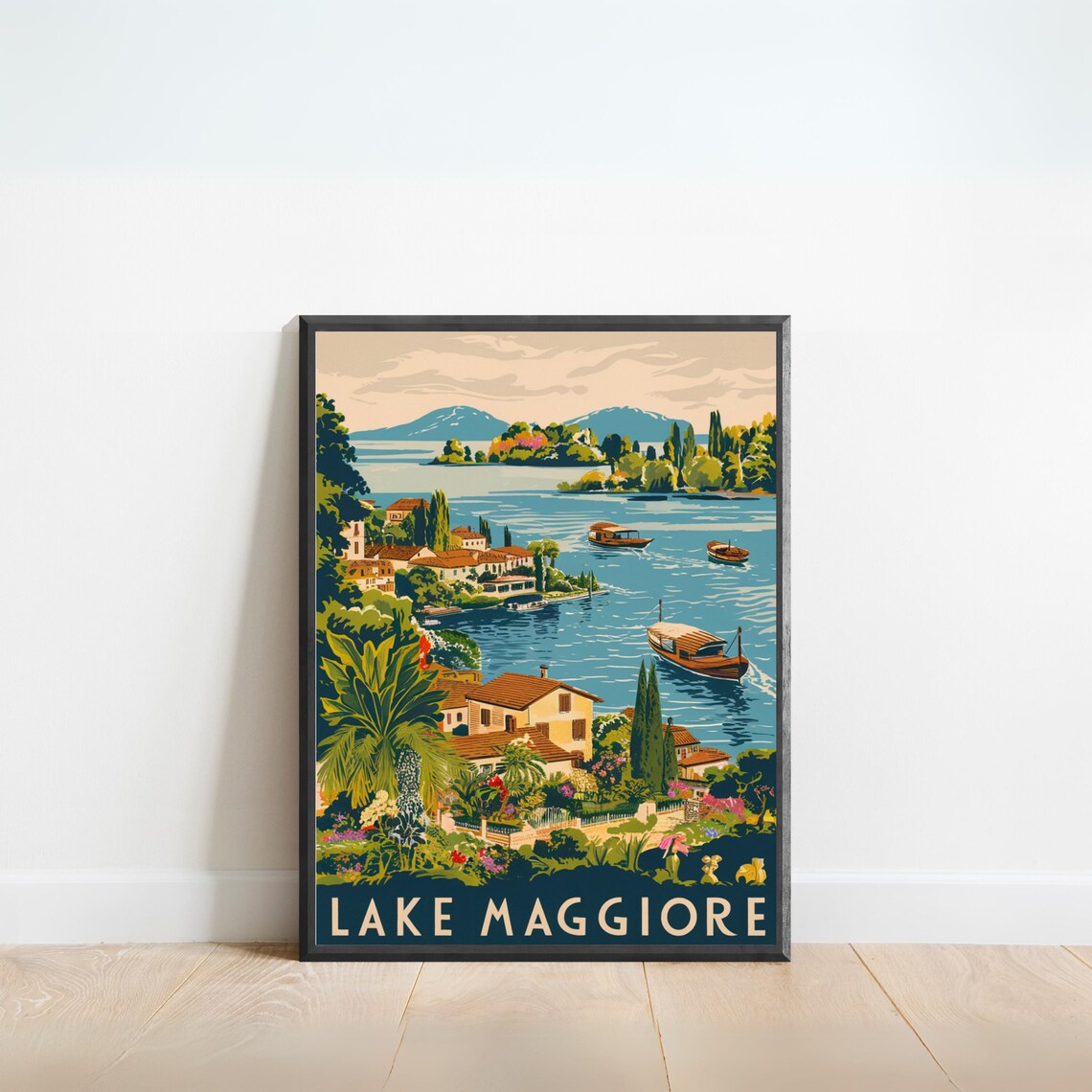 Lake Maggiore Italy Lakefront Villas Boats Vintage Travel Poster