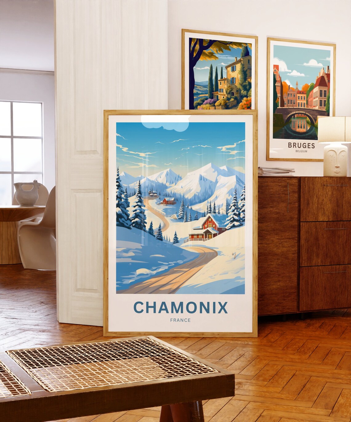 Chamonix France Snowy Alpine Valley Red Cabins Road Travel Poster - Image 5