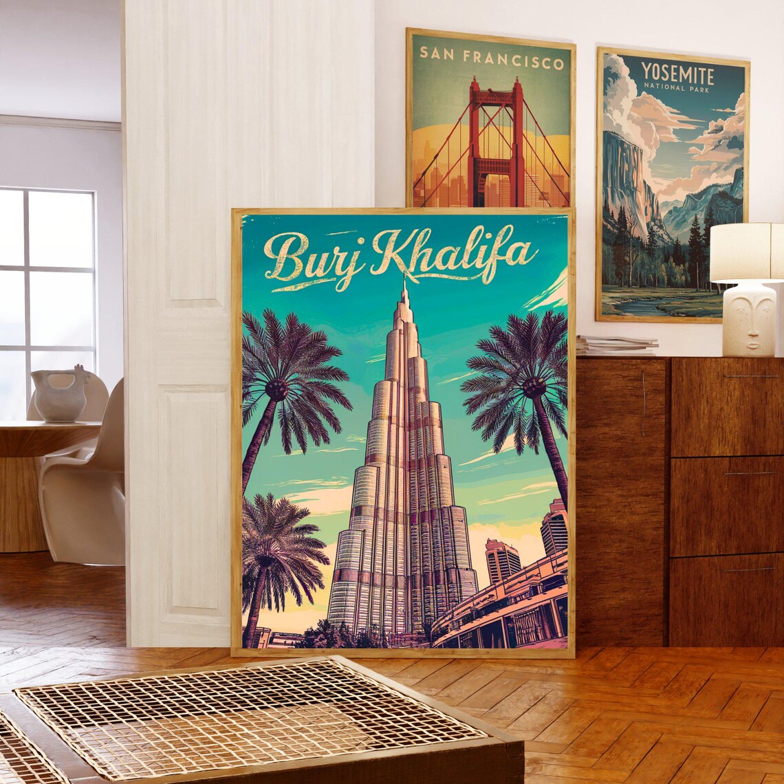Burj Khalifa Dubai Vintage Tower Palms Skyline Retro Travel Poster - Image 5
