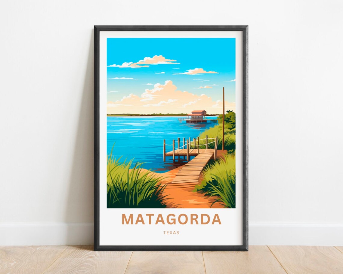 Matagorda Texas Gulf Coast Fishing Pier Sunset Travel Poster