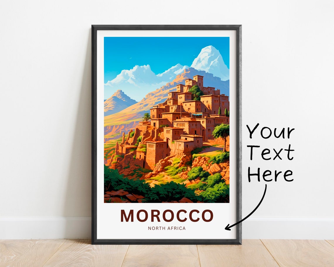 Personalized Morocco Snowy Atlas Mountain Adobe Village Travel Poster
