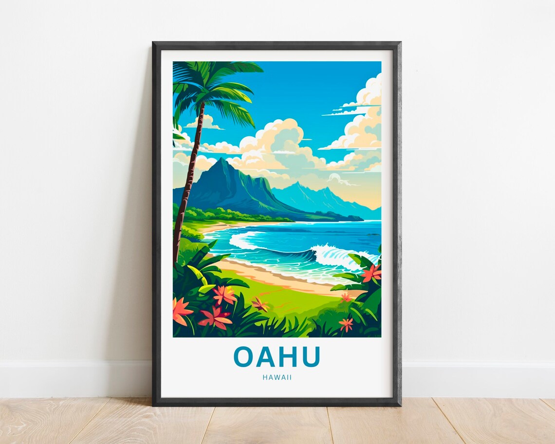 Oahu Hawaii Surf Waves Beach Tropical Flowers Art Travel Poster