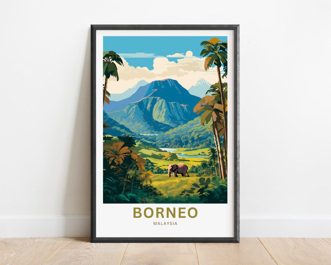 Borneo Malaysia Jungle Elephant Mountain Rainforest Travel Poster