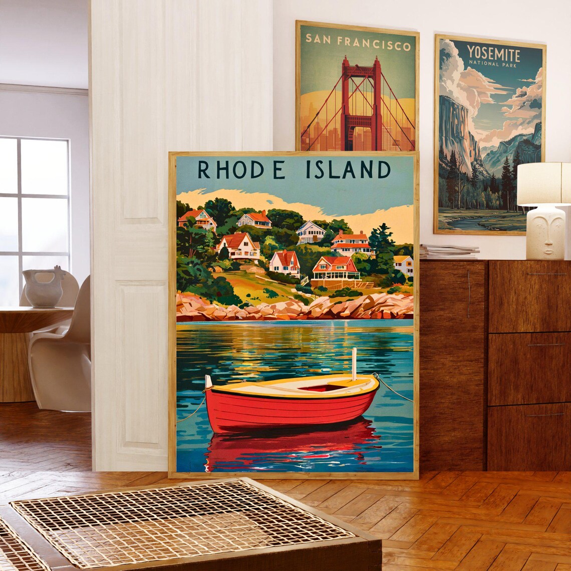 Rhode Island Harbor Red Rowboat Shoreline Cottages Vintage Poster - Image 5