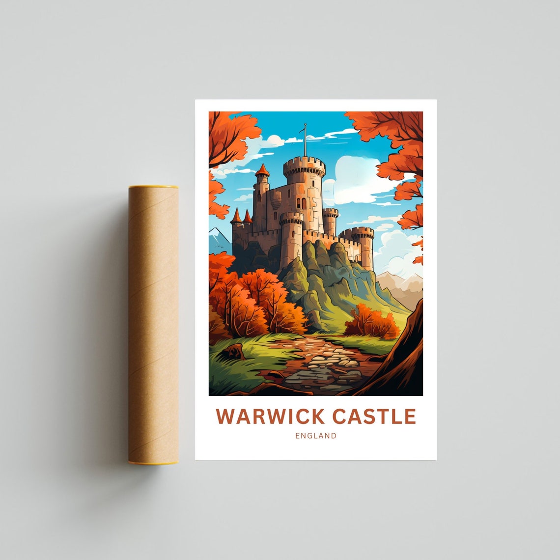 Personalized Warwick Castle England Autumn Vintage Travel Poster Gift - Image 4