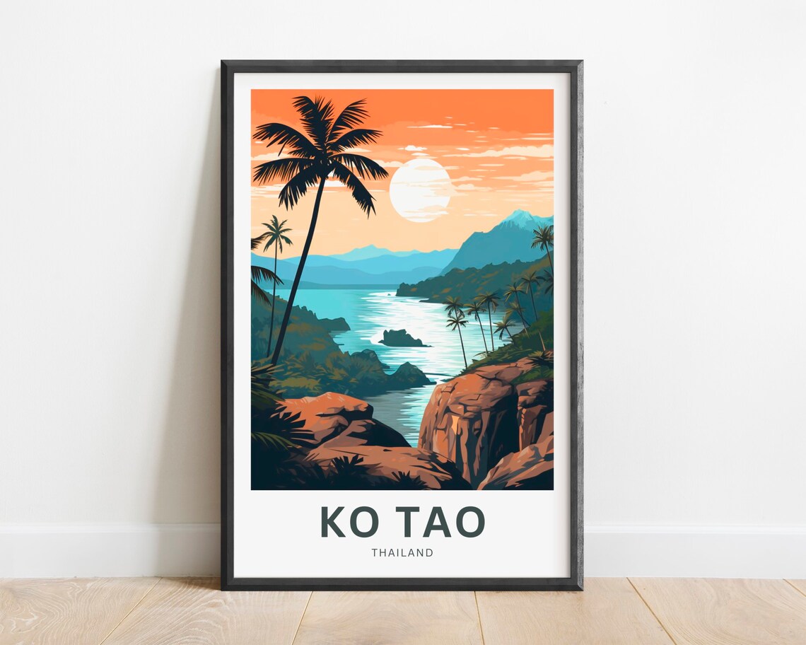 Ko Tao Thailand Tropical Sunset Bay Palm Silhouette Travel Poster