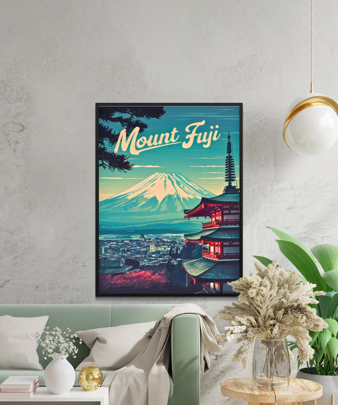 Mount Fuji Japan Cream Script Pagoda Cherry Blossom Travel Poster - Image 2