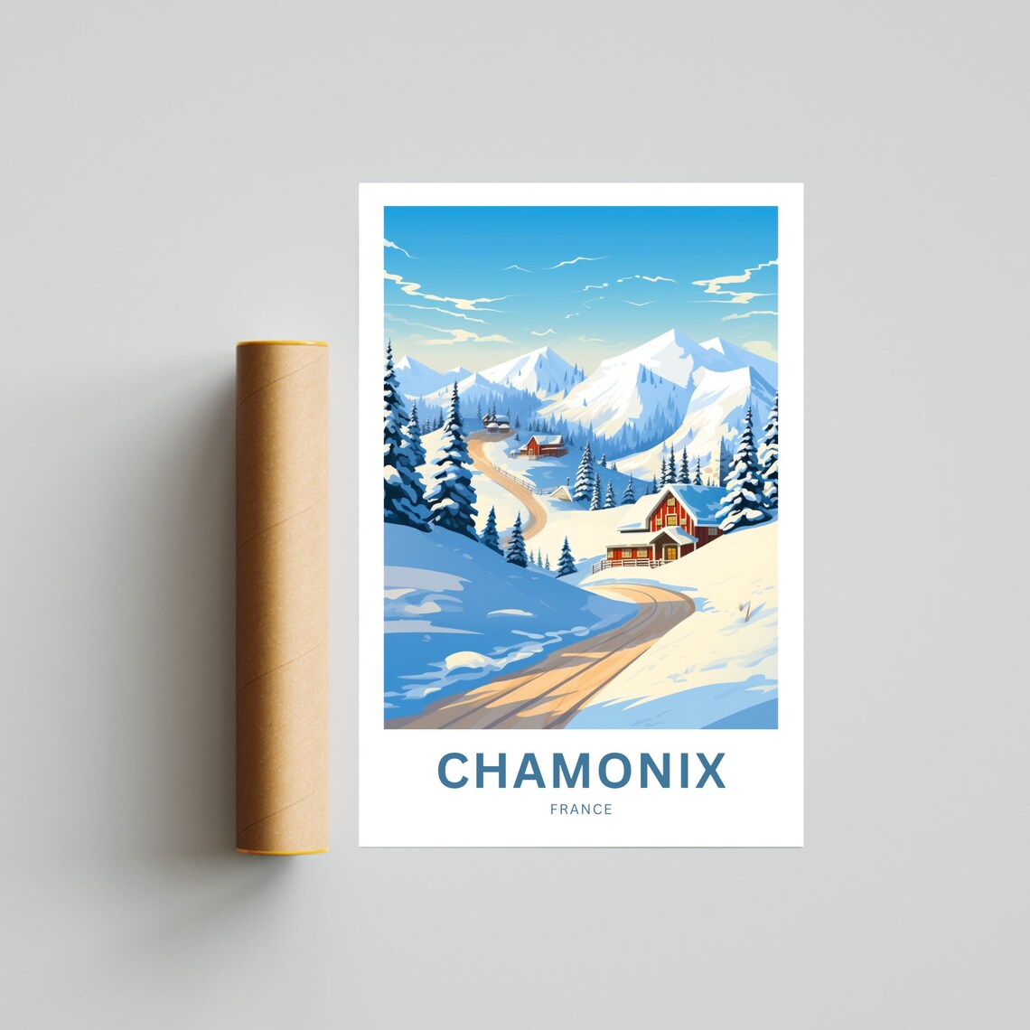 Chamonix France Snowy Alpine Valley Red Cabins Road Travel Poster - Image 4