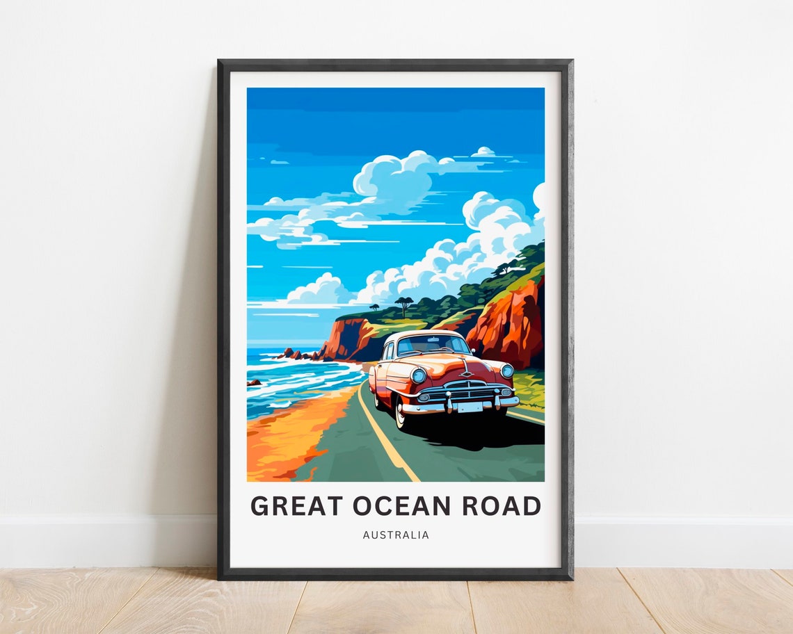 Great Ocean Road Australia Poster with Vintage Red Car Coastal Drive