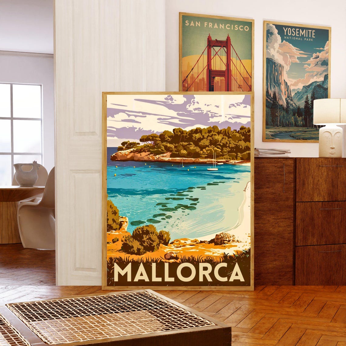 Mallorca Spain Vintage Cove Poster Turquoise Bay Sailboat Pine Cliffs - Image 5