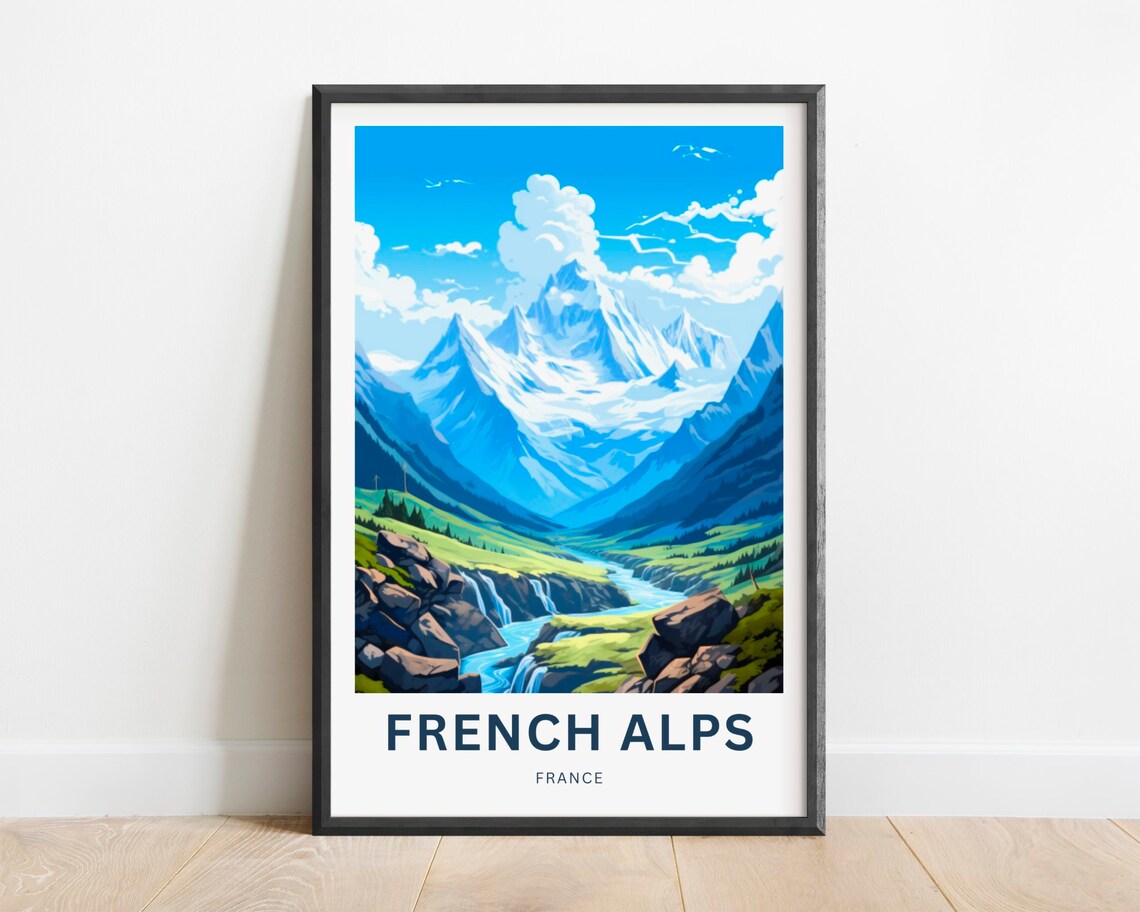 French Alps France Snow Capped Peaks Waterfall Mountain Poster