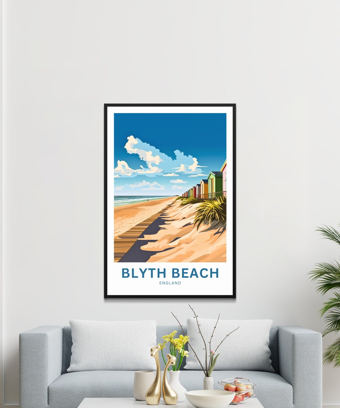 Blyth Beach England Boardwalk Dunes Beach Huts Coastal Scene Poster - Image 3