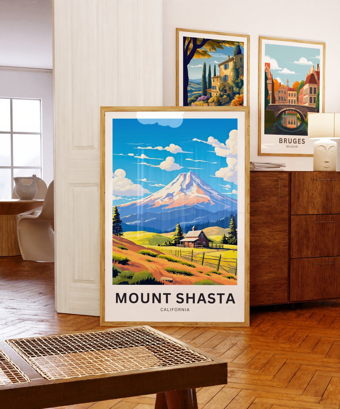 Mount Shasta California Snowy Peak and Red Barn in Meadow Poster - Image 5
