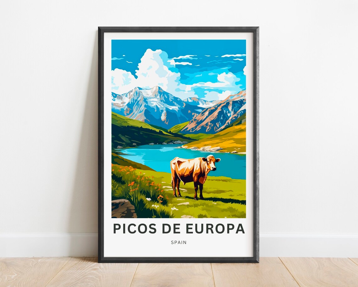 Picos de Europa Spain Alpine Cow Lake Mountain National Poster